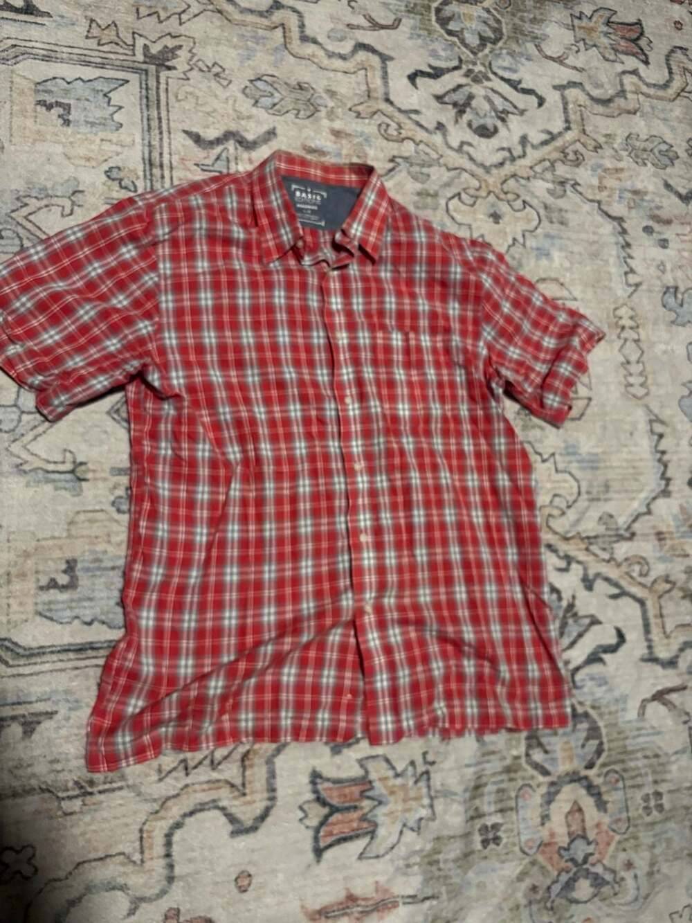 Basic Editions Madras Red and White Plaid Short Sleeve Button-Down Shirt